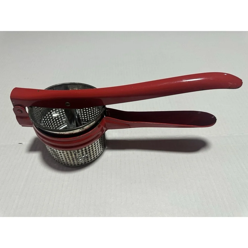 Vintage Red Metal Potato Ricer Masher Strainer Press Mid Century Rustic Decor